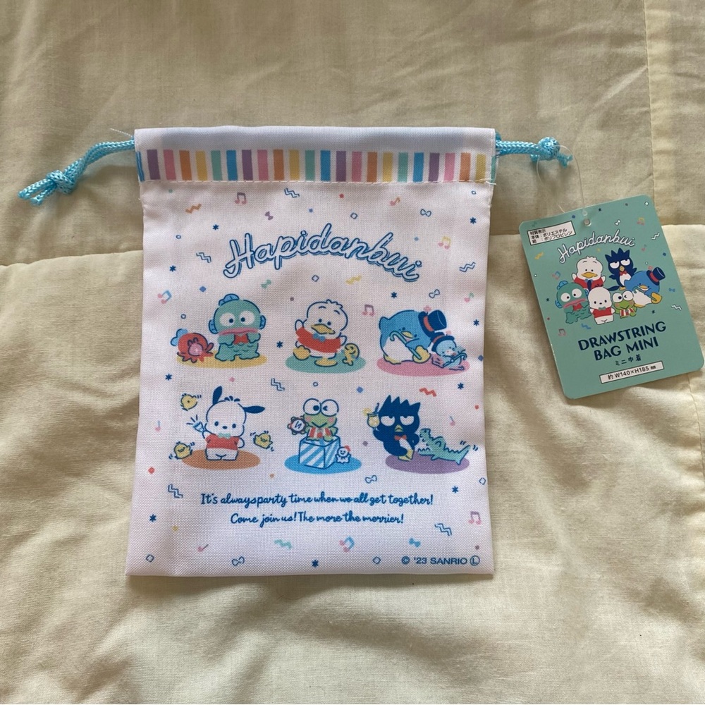NWT Sanrio Hapidanbui Tuxedosam Pochacco Hangyodon Pekkle Badtz Drawstring Bag
